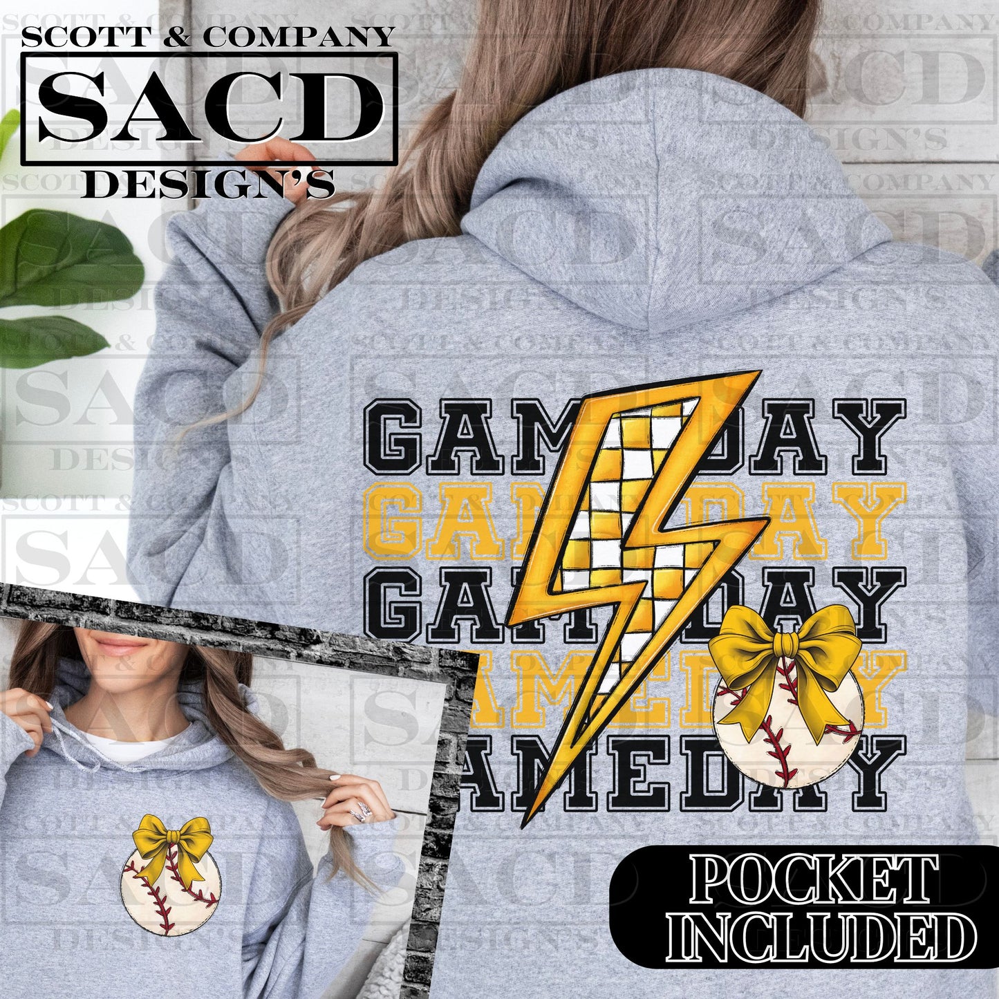 "BASEBALL GAMEDAY BOLT" PREPPY BOW COQUETTE PNG DIGITAL DESIGN WITH POCKET