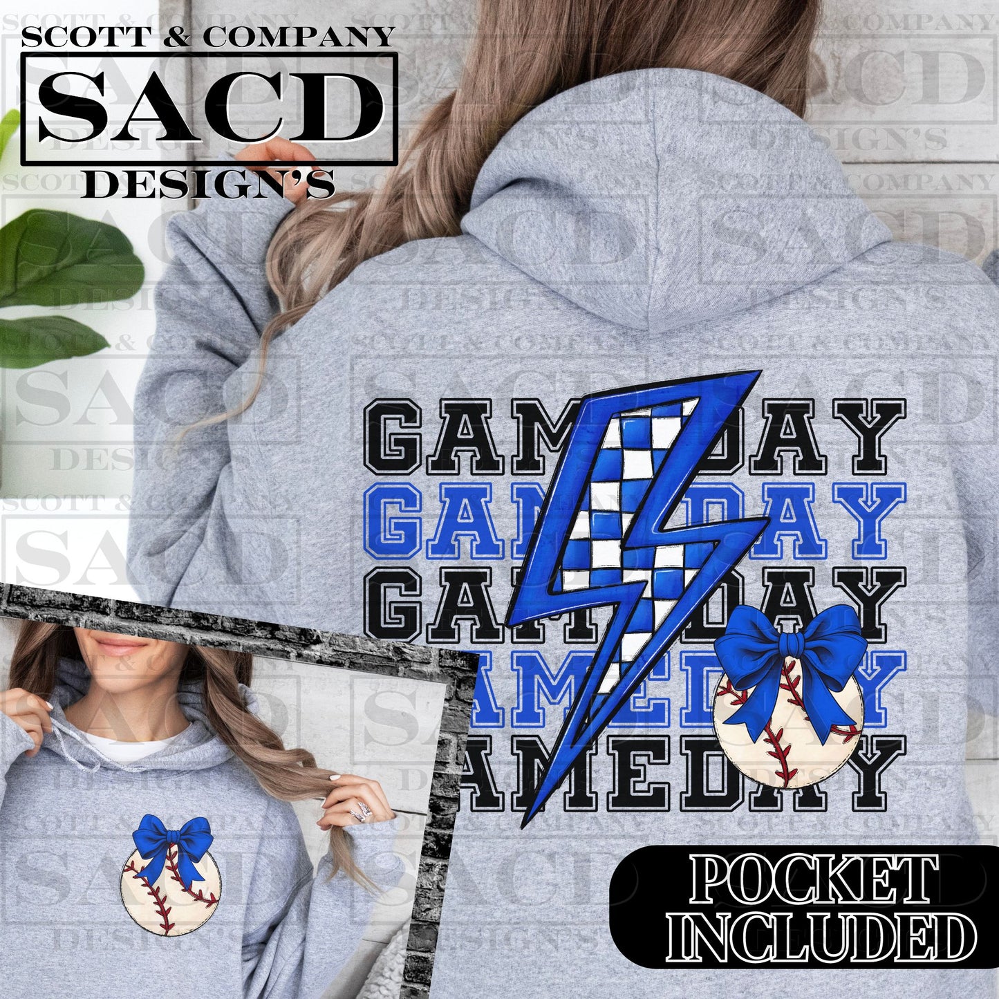 "BASEBALL GAMEDAY BOLT" PREPPY BOW COQUETTE PNG DIGITAL DESIGN WITH POCKET