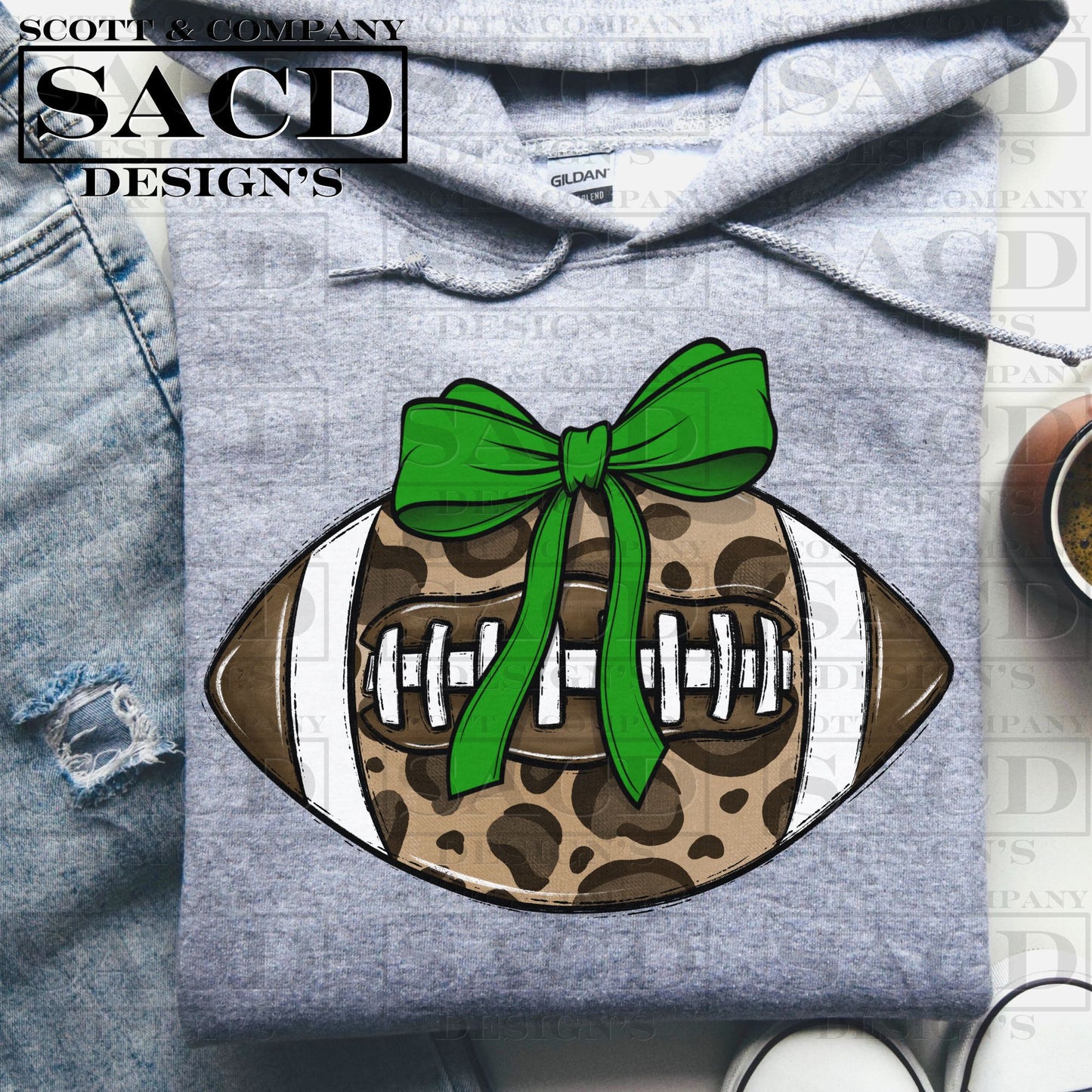 "LEOPARD FOOTBALL" COQUETTE BOW PNG DIGITAL DESIGN (GREEN)