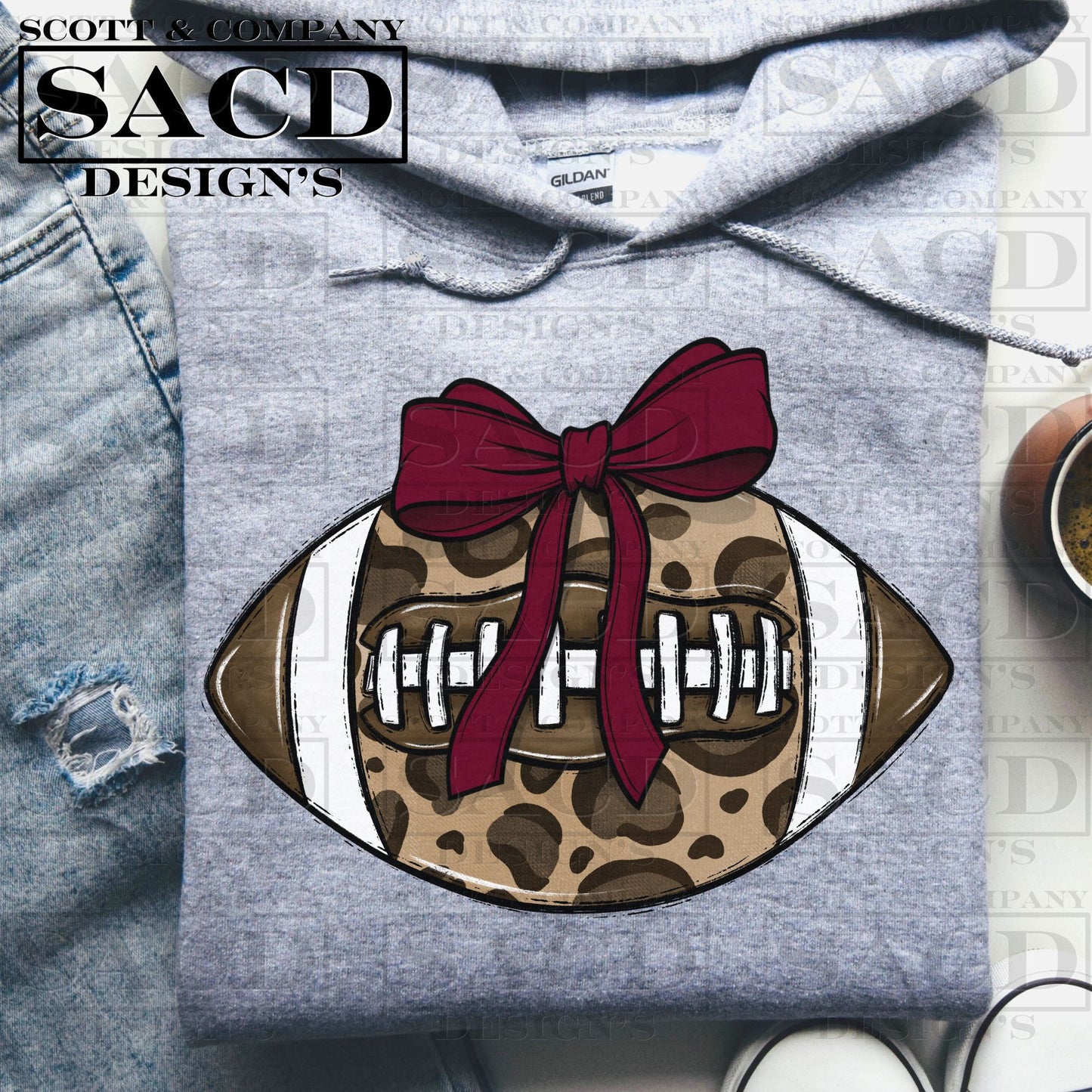 "LEOPARD FOOTBALL" COQUETTE BOW PNG DIGITAL DESIGN (BURGUNDY/MAROON)