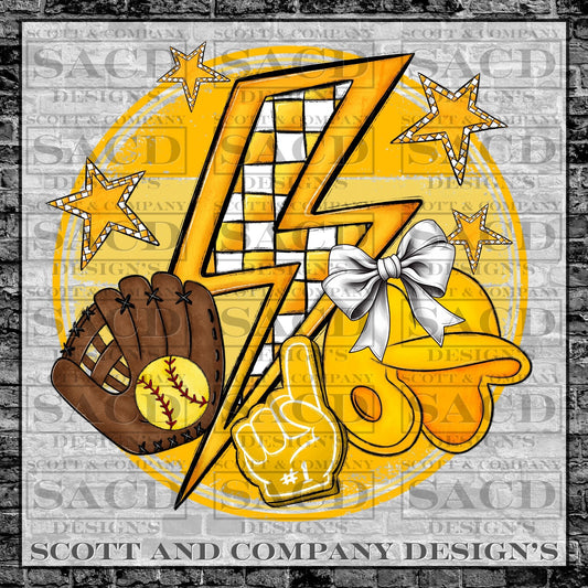 "SOFTBALL BOLT" PREPPY WHITE BOW COQUETTE GAMEDAY PNG DIGITAL DESIGN (YELLOW)