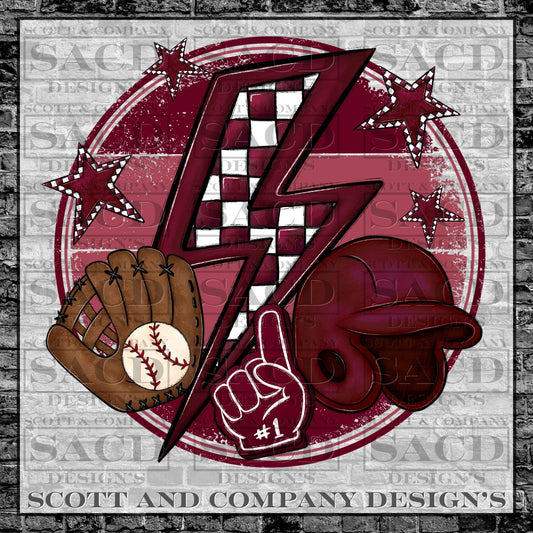 "BASEBALL BOLT" GAMEDAY PNG DIGITAL DESIGN (BURGUNDY/MAROON)