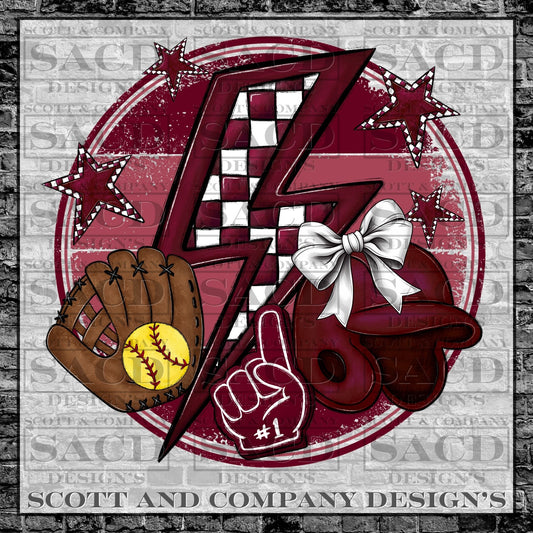 "SOFTBALL BOLT" PREPPY WHITE BOW COQUETTE GAMEDAY PNG DIGITAL DESIGN (BURGUNDY/MAROON)