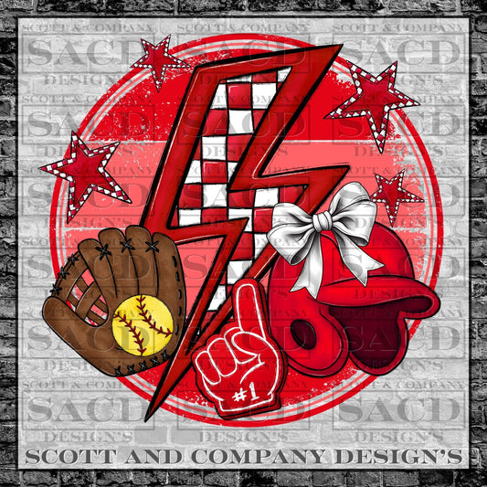 "SOFTBALL BOLT" PREPPY WHITE BOW COQUETTE GAMEDAY PNG DIGITAL DESIGN (RED)