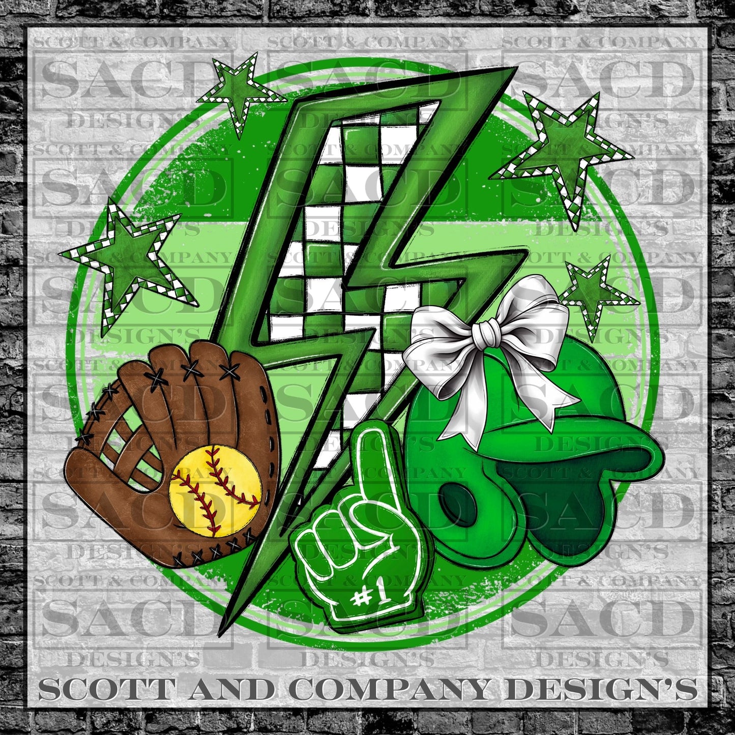 "SOFTBALL BOLT" PREPPY WHITE BOW COQUETTE GAMEDAY PNG DIGITAL DESIGN (GREEN)