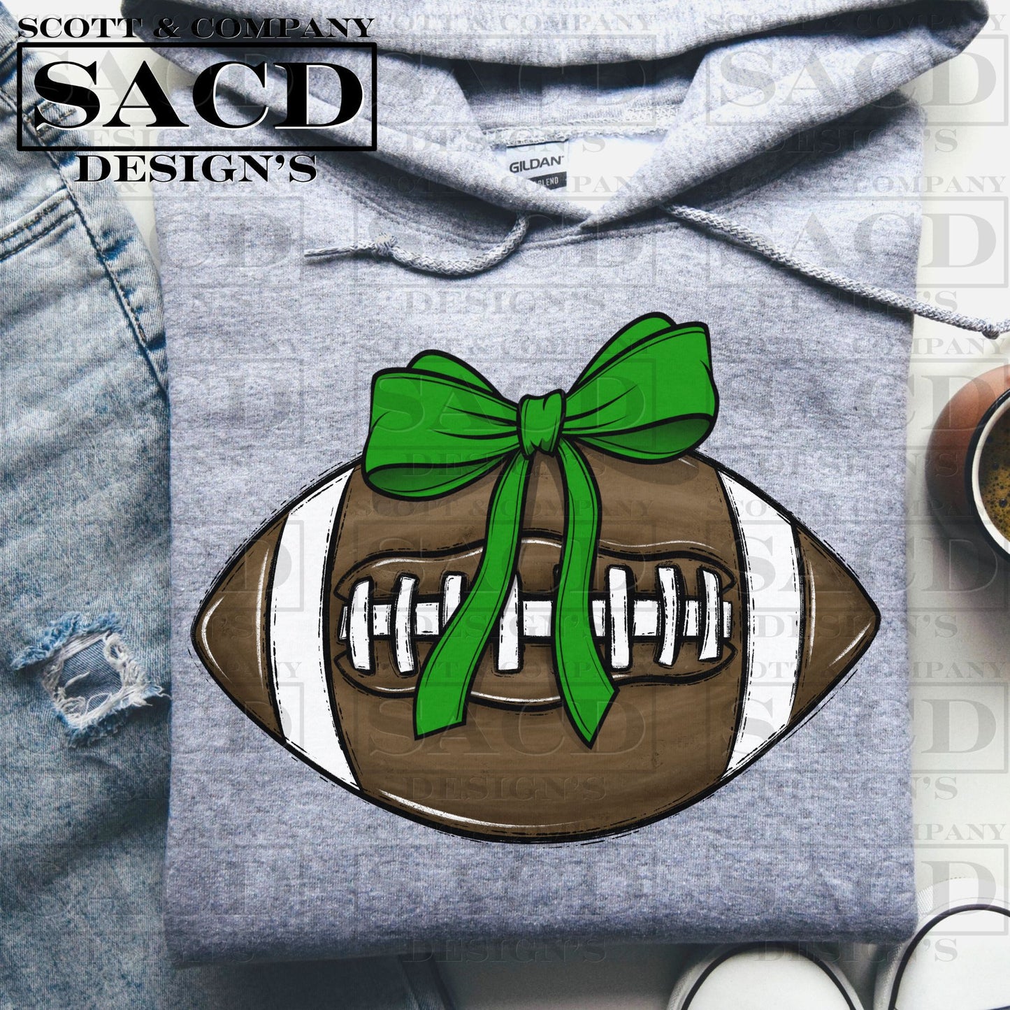 "FOOTBALL" COQUETTE BOW PNG DIGITAL DESIGN (GREEN)