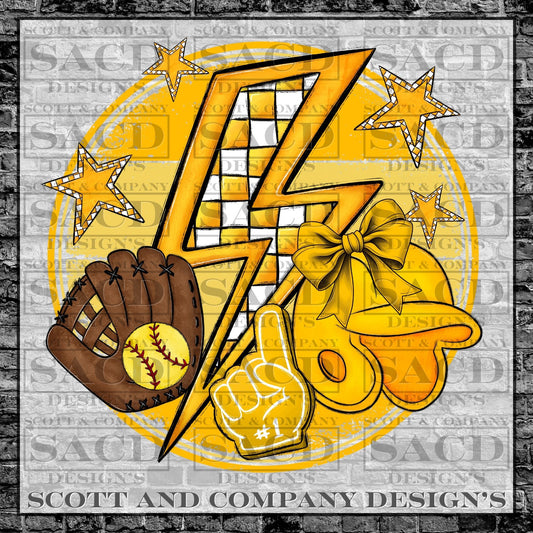 "SOFTBALL BOLT" PREPPY BOW COQUETTE GAMEDAY PNG DIGITAL DESIGN (YELLOW)