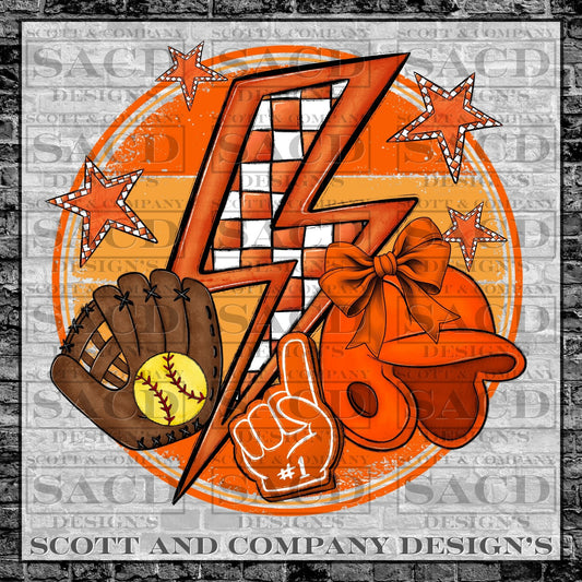 "SOFTBALL BOLT" PREPPY BOW COQUETTE GAMEDAY PNG DIGITAL DESIGN (ORANGE)