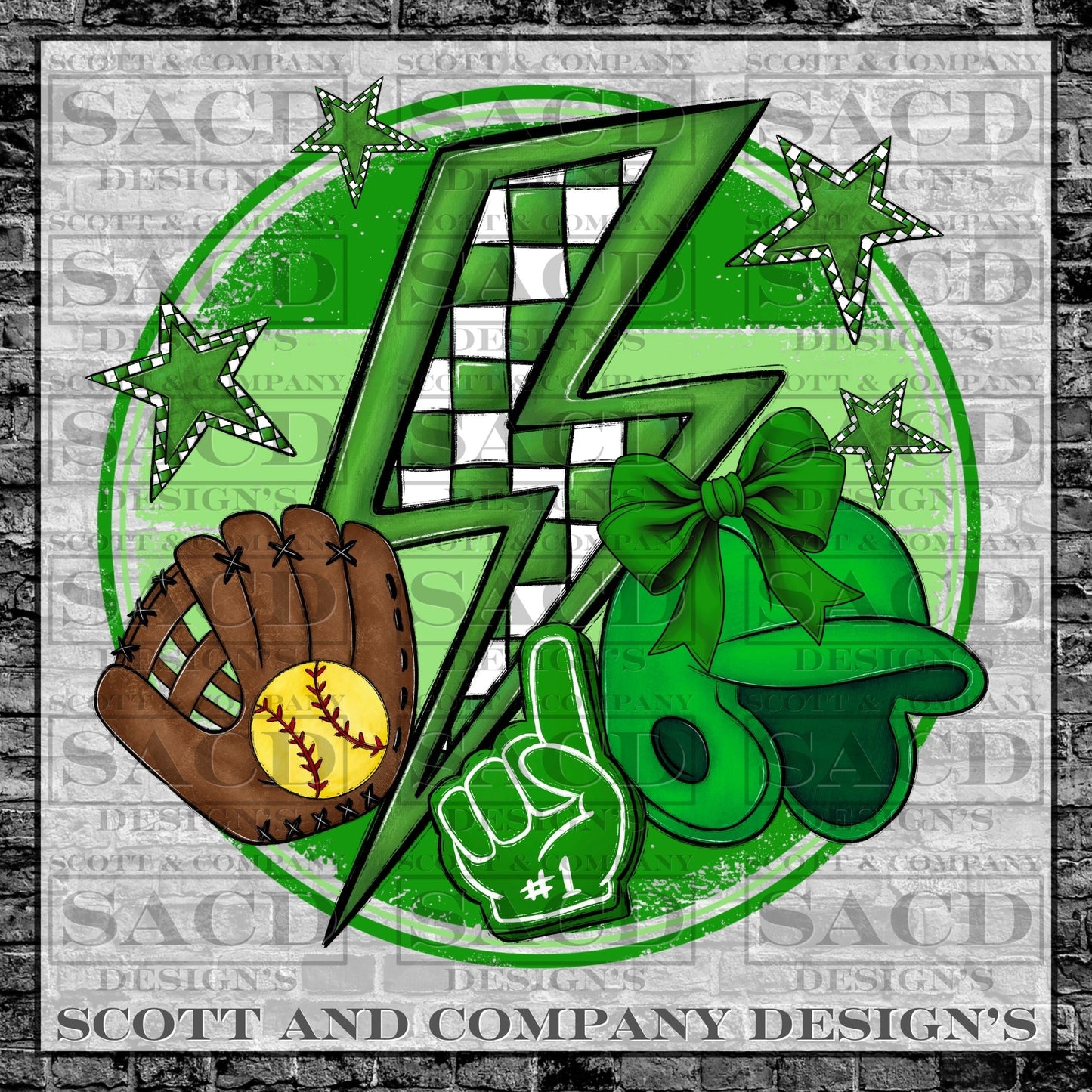 "SOFTBALL BOLT" PREPPY BOW COQUETTE GAMEDAY PNG DIGITAL DESIGN (GREEN)