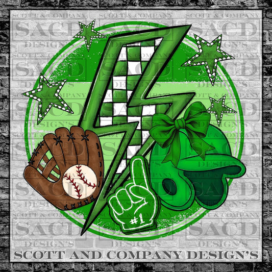 "BASEBALL BOLT" PREPPY COQUETTE BOW GAMEDAY PNG DIGITAL DESIGN (GREEN)