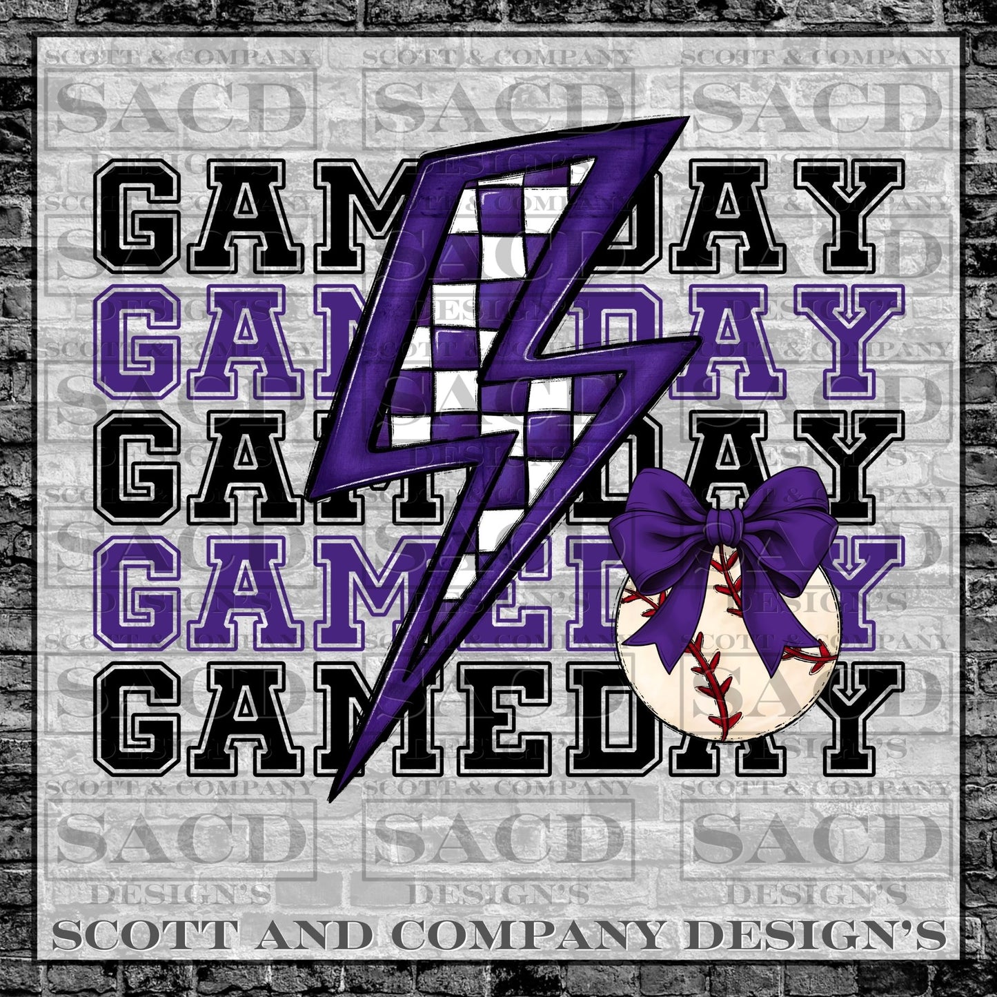 "BASEBALL GAMEDAY BOLT" PREPPY BOW COQUETTE PNG DIGITAL DESIGN (PURPLE)