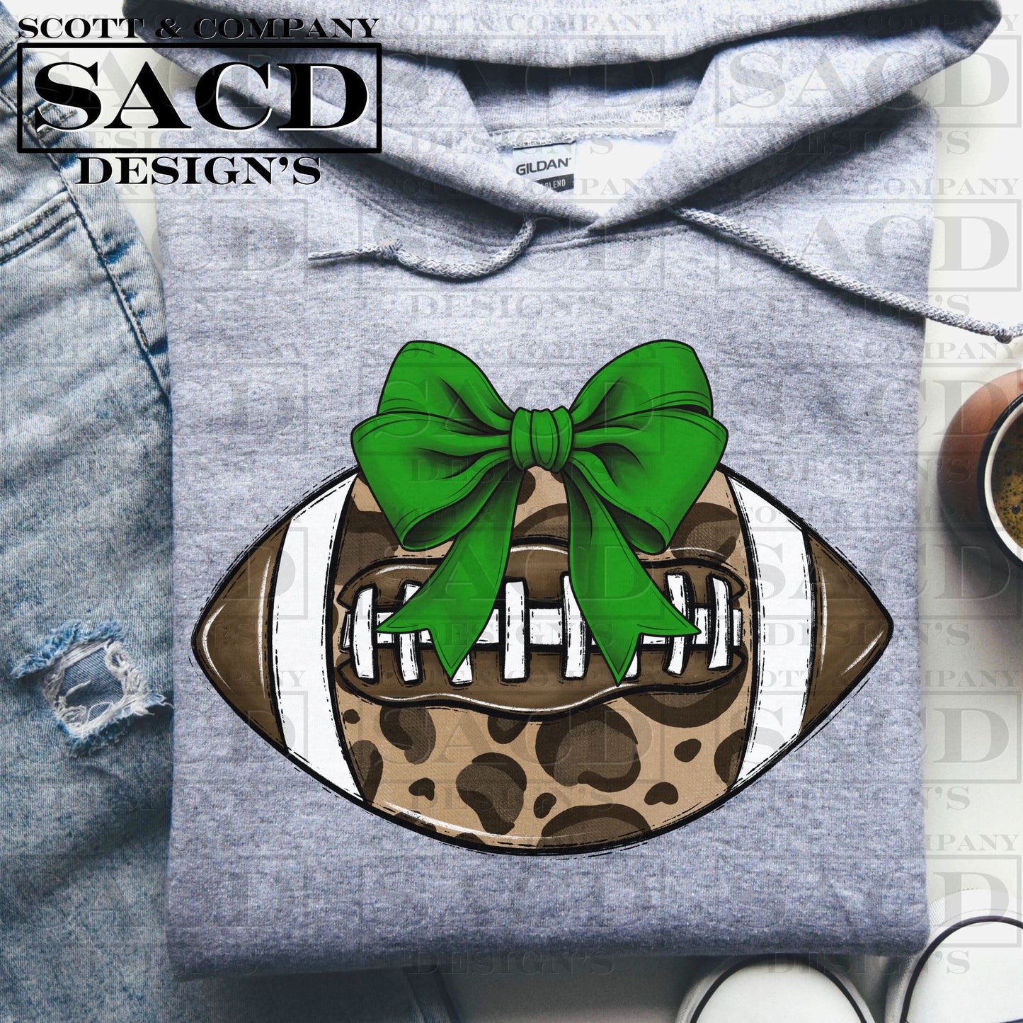 "LEOPARD FOOTBALL" COQUETTE BOW PNG DIGITAL DESIGN (GREEN)