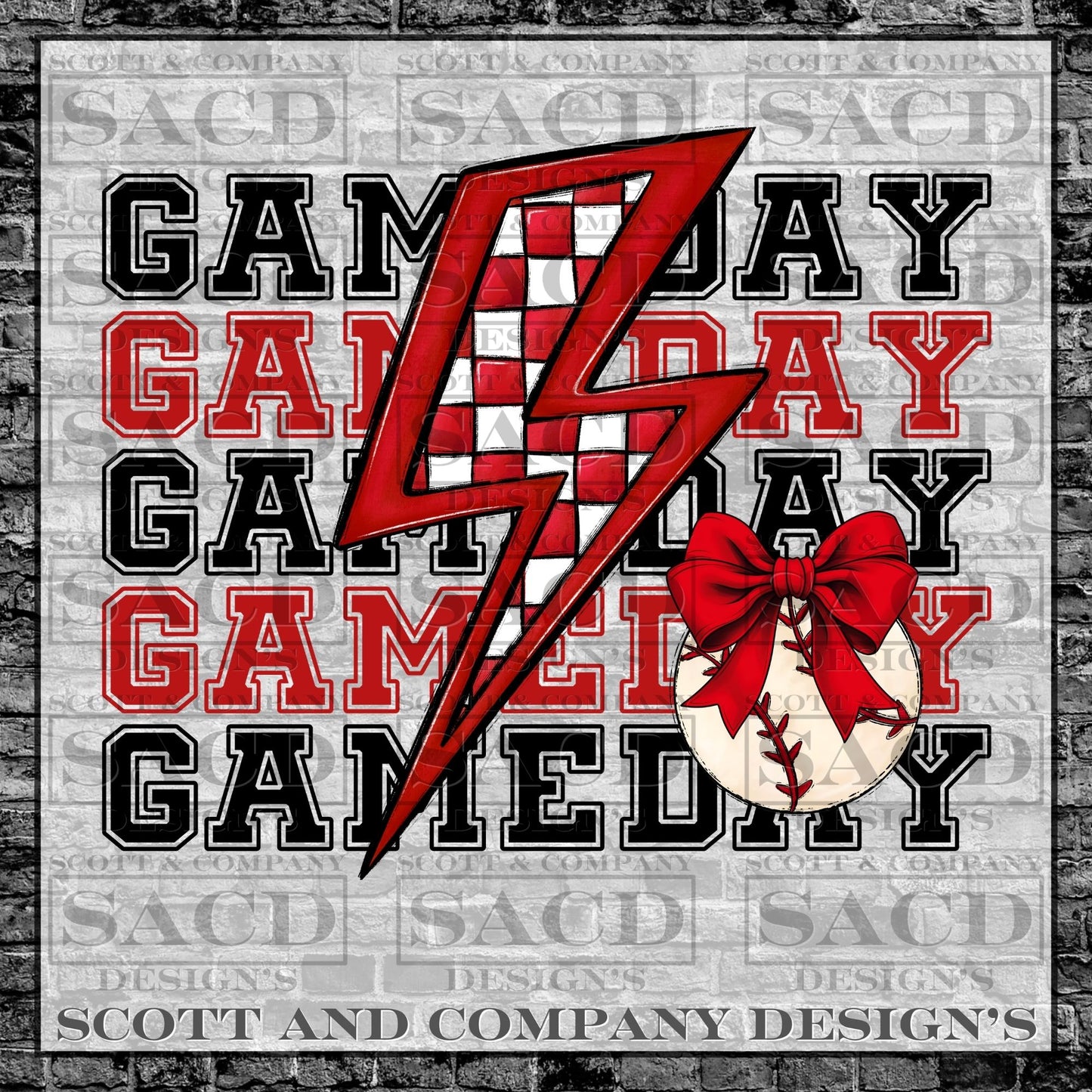 "BASEBALL GAMEDAY BOLT" PREPPY BOW COQUETTE PNG DIGITAL DESIGN (RED)