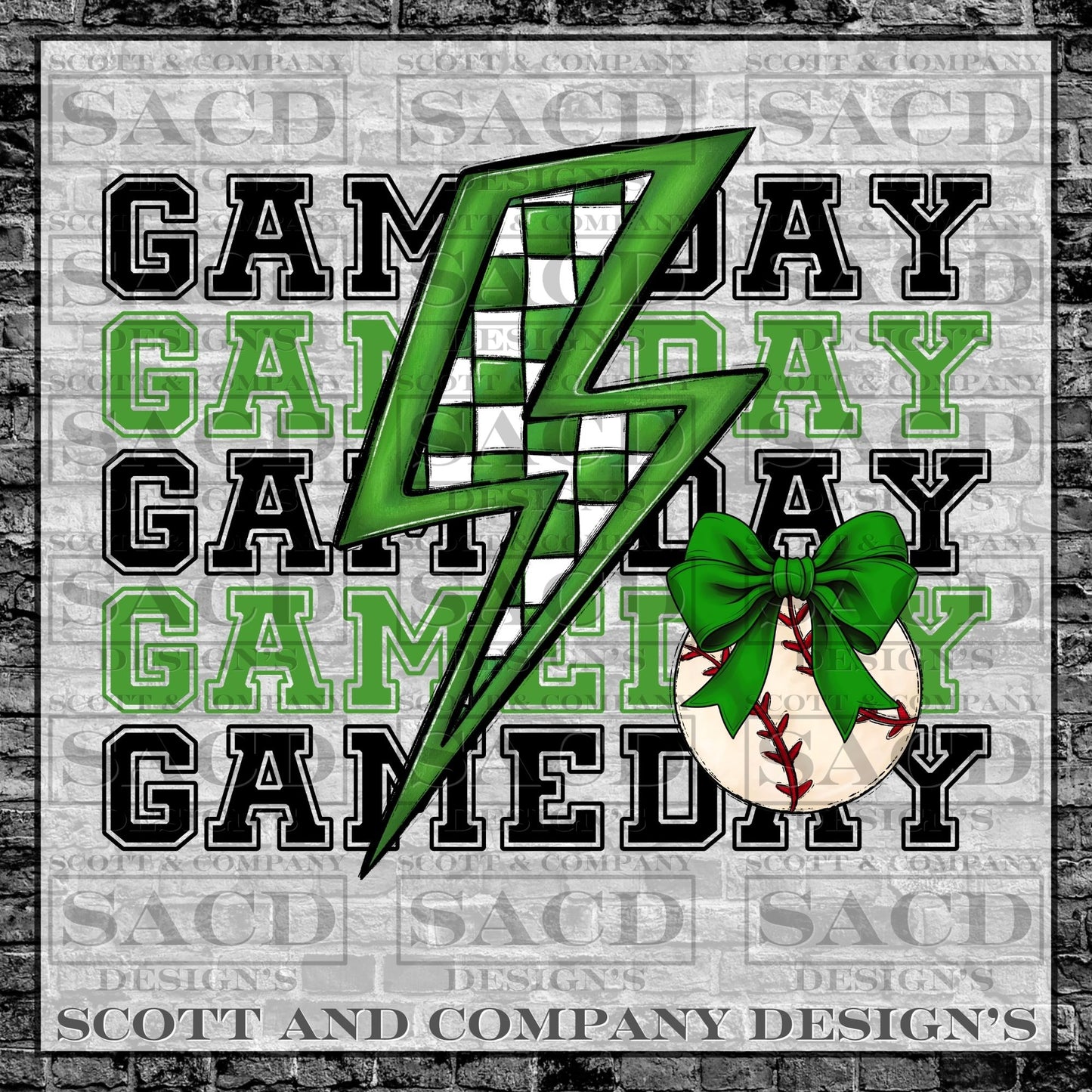 "BASEBALL GAMEDAY BOLT" PREPPY BOW COQUETTE PNG DIGITAL DESIGN (GREEN)