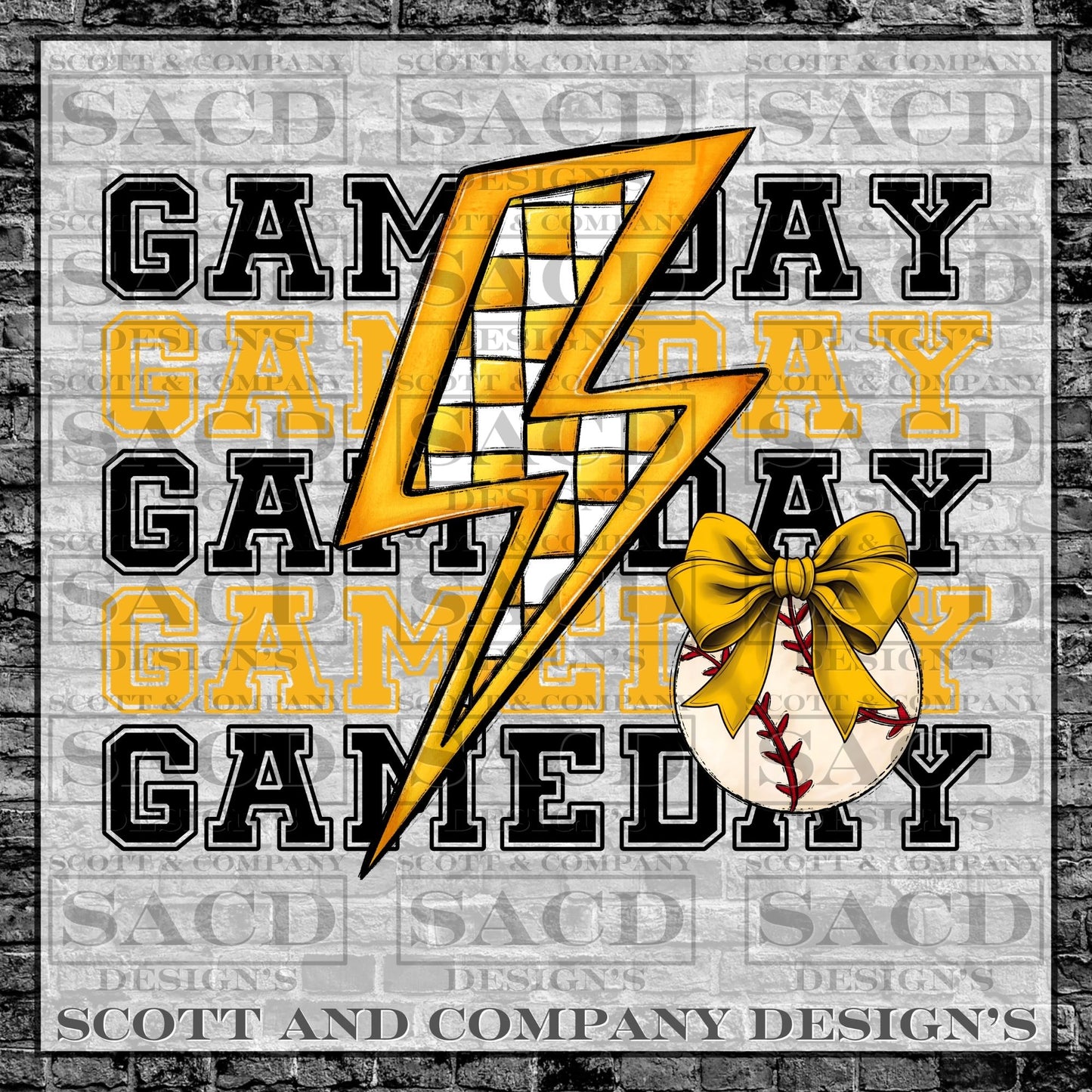 "BASEBALL GAMEDAY BOLT" PREPPY BOW COQUETTE PNG DIGITAL DESIGN (YELLOW)