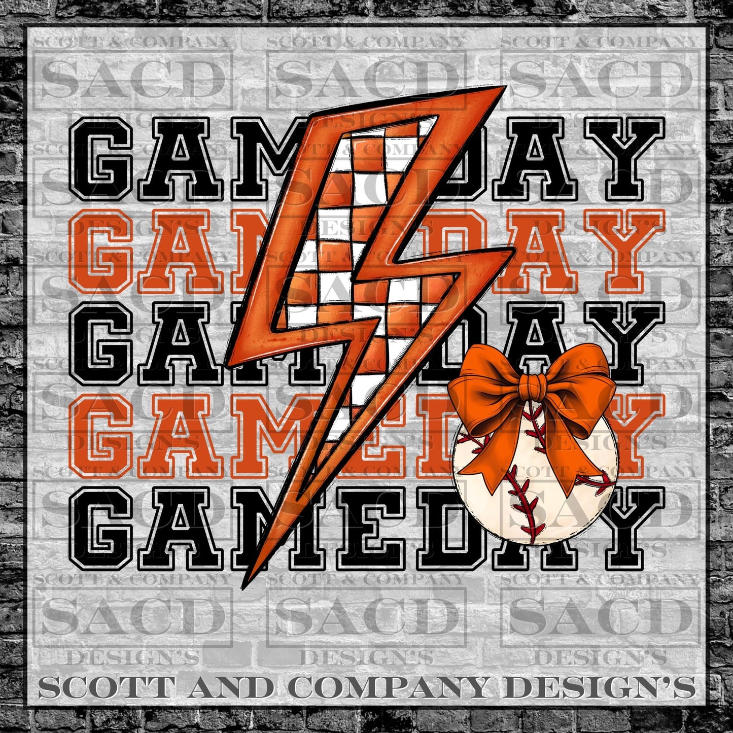 "BASEBALL GAMEDAY BOLT" PREPPY BOW COQUETTE PNG DIGITAL DESIGN (ORANGE)