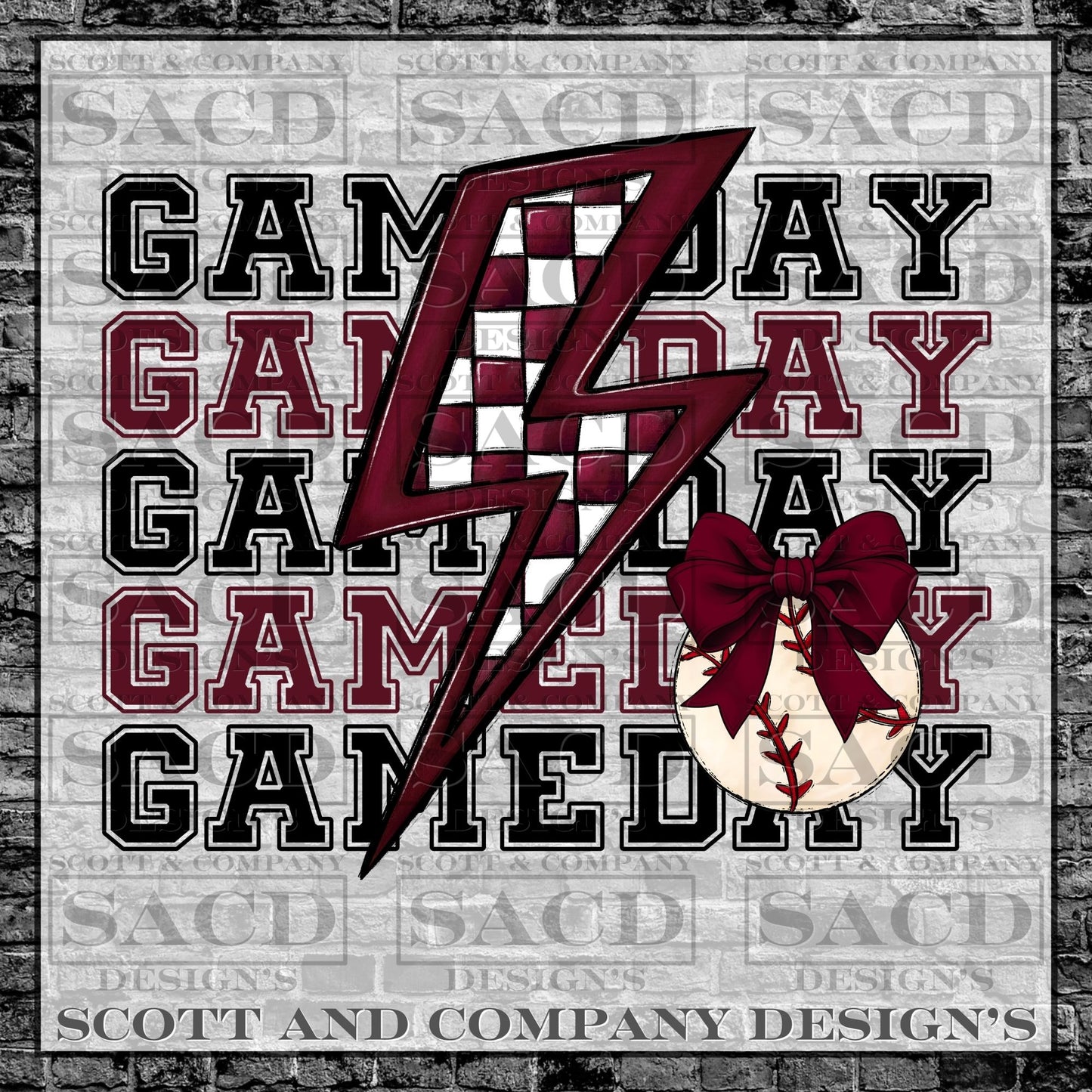 "BASEBALL GAMEDAY BOLT" PREPPY BOW COQUETTE PNG DIGITAL DESIGN (BURGUNDY/MAROON)