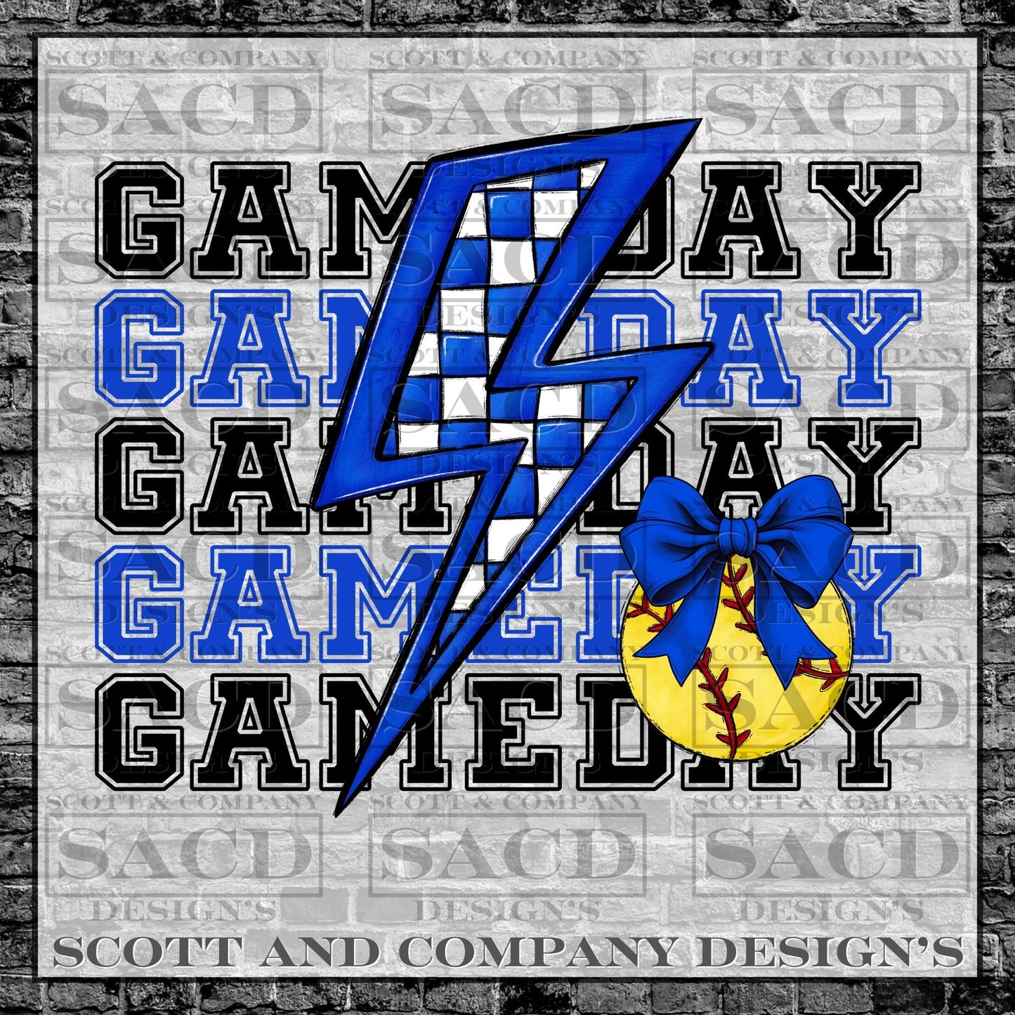 "SOFTBALL GAMEDAY BOLT" PREPPY BOW COQUETTE PNG DIGITAL DESIGN (BLUE)