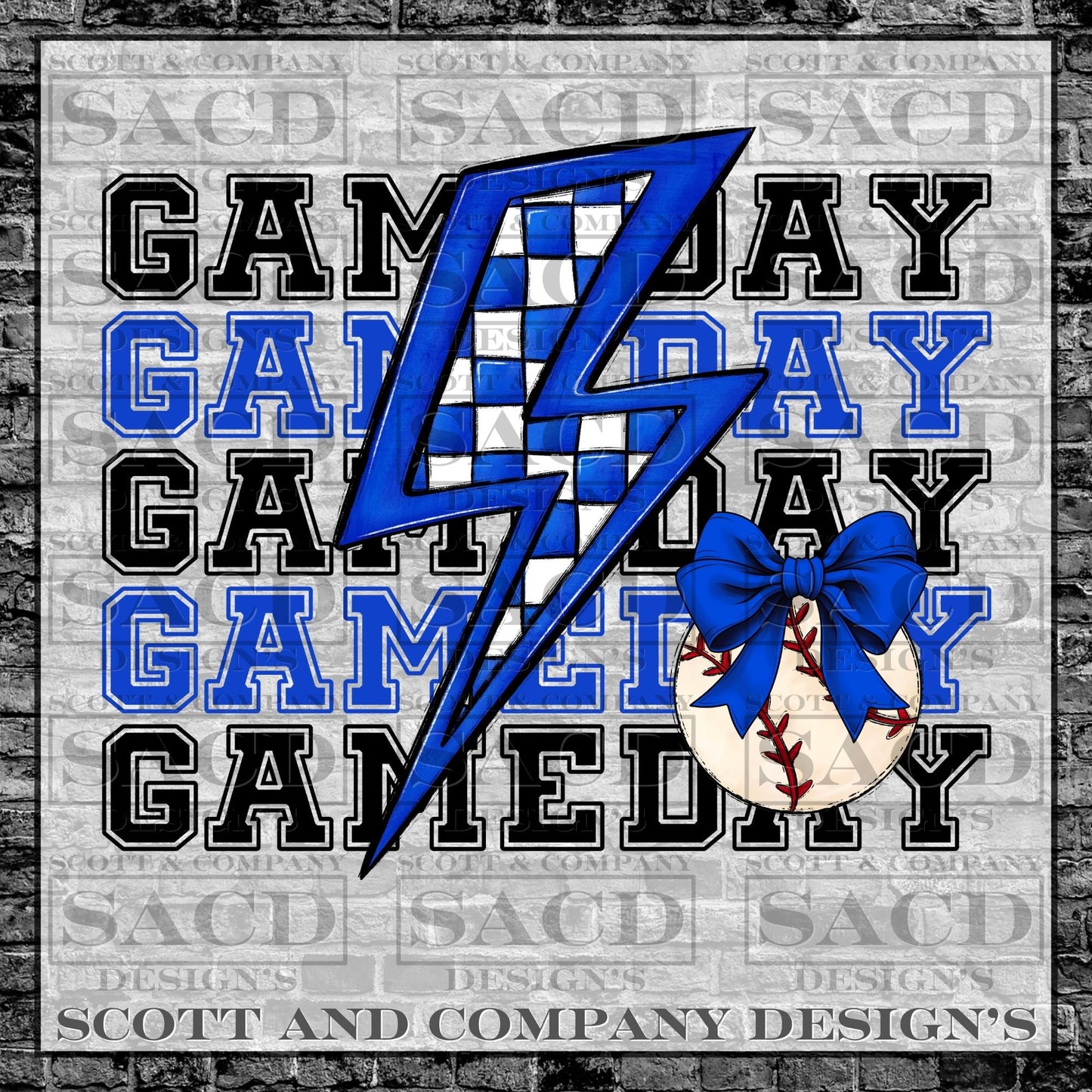 "BASEBALL GAMEDAY BOLT" PREPPY BOW COQUETTE PNG DIGITAL DESIGN (BLUE)