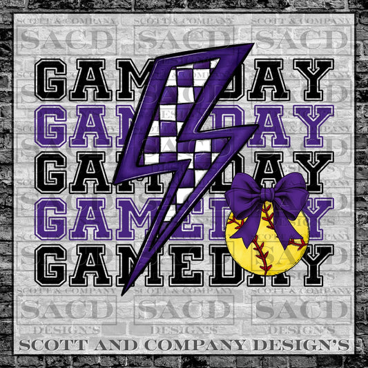 "SOFTBALL GAMEDAY BOLT" PREPPY BOW COQUETTE PNG DIGITAL DESIGN (PURPLE)