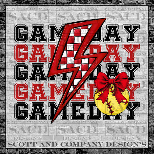 "SOFTBALL GAMEDAY BOLT" PREPPY BOW COQUETTE PNG DIGITAL DESIGN (RED)