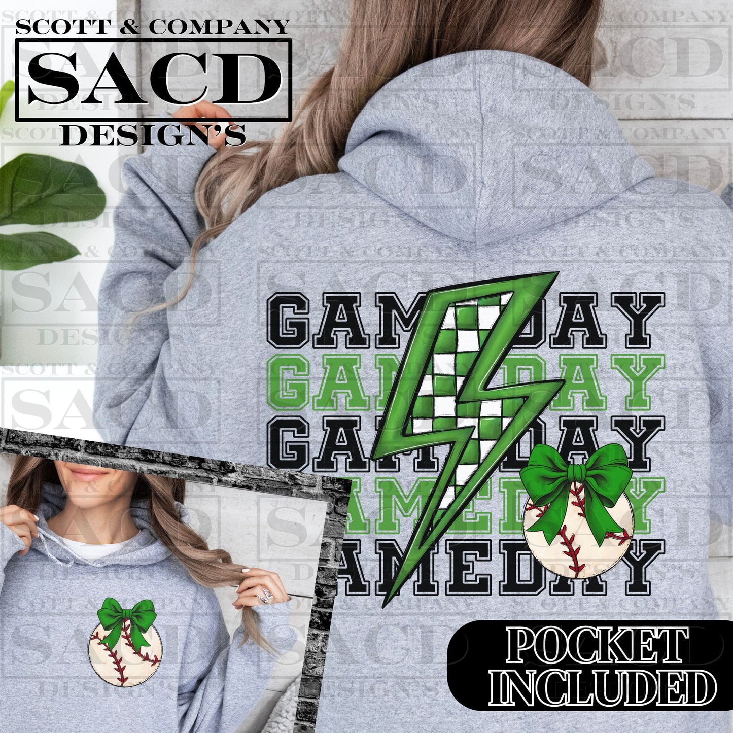 "BASEBALL GAMEDAY BOLT" PREPPY BOW COQUETTE PNG DIGITAL DESIGN WITH POCKET