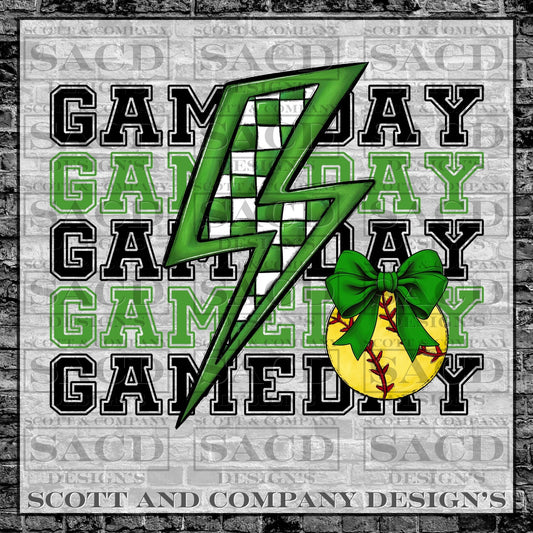 "SOFTBALL GAMEDAY BOLT" PREPPY BOW COQUETTE PNG DIGITAL DESIGN (GREEN)