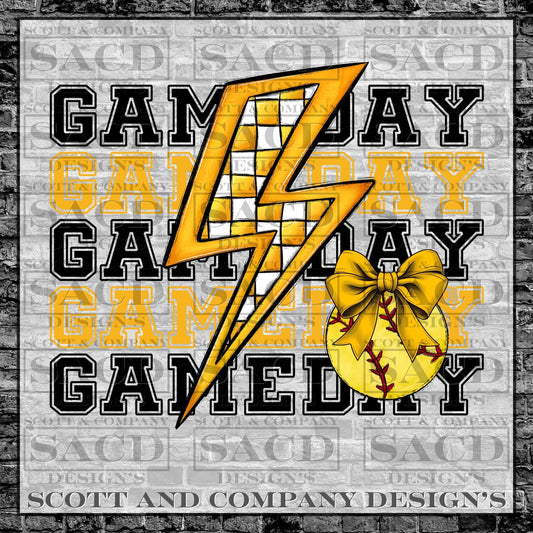 "SOFTBALL GAMEDAY BOLT" PREPPY BOW COQUETTE PNG DIGITAL DESIGN (YELLOW)