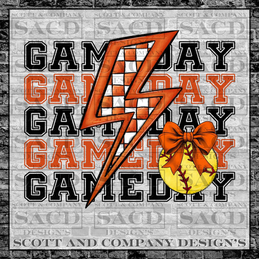 "SOFTBALL GAMEDAY BOLT" PREPPY BOW COQUETTE PNG DIGITAL DESIGN (ORANGE)