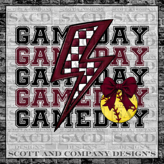 "SOFTBALL GAMEDAY BOLT" PREPPY BOW COQUETTE PNG DIGITAL DESIGN (BURGUNDY/MAROON)